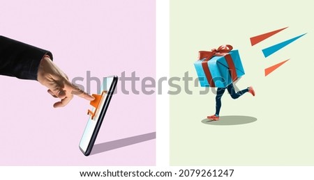 Abstract collage with a running giftbox and online order via a smartphone. Online shopping concept, fast delivery, giving of gifts.