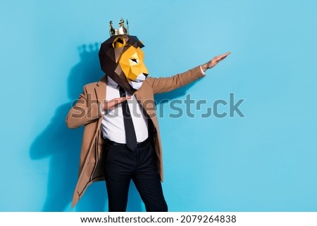 Photo of creative anonym bizarre guy lion king dancer unusual mardi gras occasion isolated over blue color background