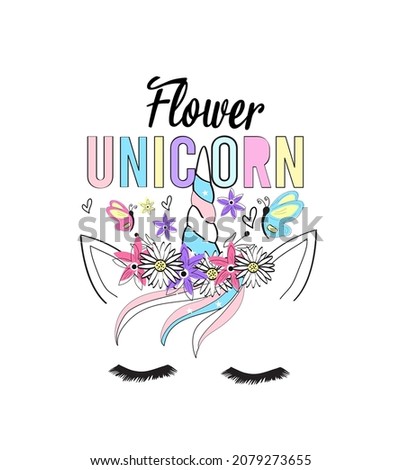 Unicorn and flower vector illustration for t shirt print design.