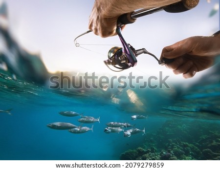 Fishing blurred background. Fisherman with spinning on the sea. Royalty-Free Stock Photo #2079279859