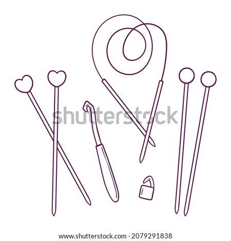Hand drawn set of tools for knitting, knitting needles and crochet isolated on white background
