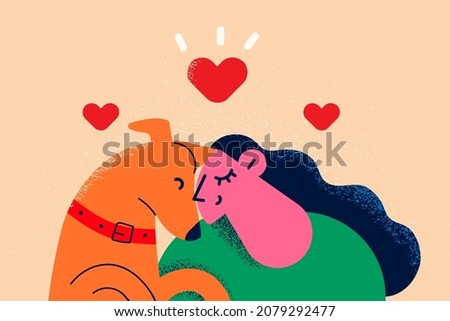 Loving young woman hug dog show care and attention to animals. Happy girl adopt puppy from shelter, have pet friend in family. Domestic creature lover. Vector illustration, cartoon character. 