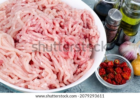 Plate with fresh minced meat, spices for cooking. Photo