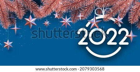 Hanging 2022 Christmas ball frame. Bronze spruce branches with hanging stars. Vector festive illustration.