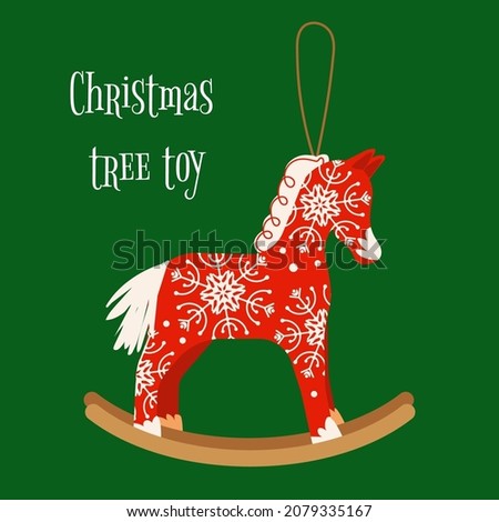Vector Christmas horse toy with snowflakes isolated on green background. Flat style illustration