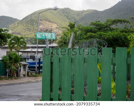 Road sign, caribbean views, signpost, street name, mountains in the background, caribbean island, st maarten, tropical island, postcard, iconic street, st maarten september 2021