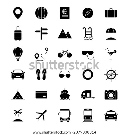 Travel black icons set. Vocation symbols silhouette. Tourism concept. Vector isolated on white.