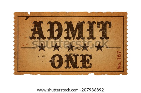 Wild West Admit One Movie Ticket Isolated on White Background. Royalty-Free Stock Photo #207936892