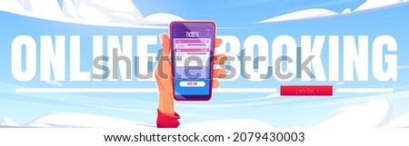 Online booking poster. Internet service for book and buy plane, bus or train tickets. Vector banner with cartoon illustration of hand holding mobile phone on background of blue sky