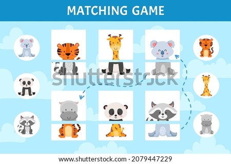 Matching game, education activity for children , assemble the pictures. Vector cartoon illustration for kindergarten or preschool lessons