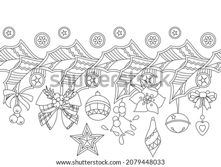 Endless border  for Christmas tree decoration.  Festive objects in winter garland. Black and white decoration on white background. Elements for season design and coloring book