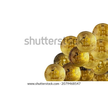 Face cryptocurrency gold bitcoin isolated on white background. Concept of virtual international currency and internet business. Double exposure creative bitcoin symbol hologram. 