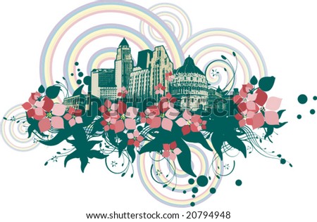 Floral cityscape background with grunge details. Vector illustration.