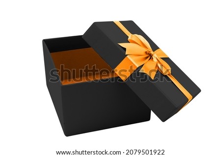 Opened black gift box with golden ribbon isolated over white background
