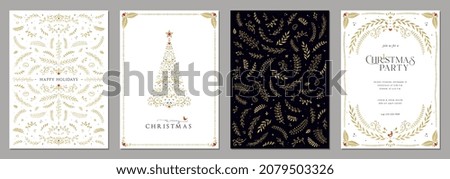 Corporate Holiday cards with Christmas tree, birds, ornate floral frames, luxury backgrounds and copy space. Universal artistic templates.