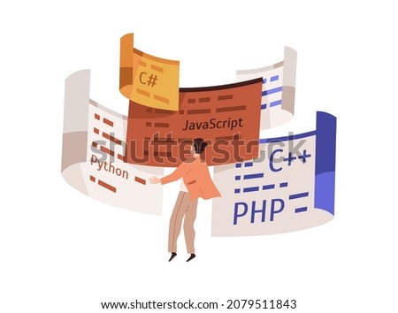 Coder and computer languages. Software developer student with Java, Python, C plus and PHP scripts. Information technology and studying programming concept. Flat vector illustration isolated on white