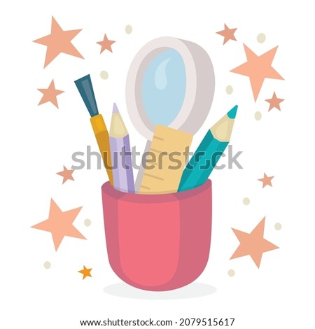 Inspiration concept illustration. Drawing supplies cartoon style, hand drawn graphic. Pencils, brush, ruler magnifier in holder and stars on white background. Part of set.