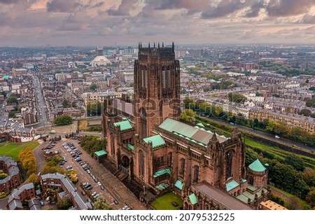 Aerial panoramic view of the Liverpool Cathedral or Cathedral Church of Christ or Cathedral Church of the Risen Christ on St James Mount in Liverpool, UK Royalty-Free Stock Photo #2079532525