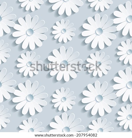 Beautiful background seamless pattern grey with white 3d flower chamomile. Floral trendy creative wallpaper. Vector illustration