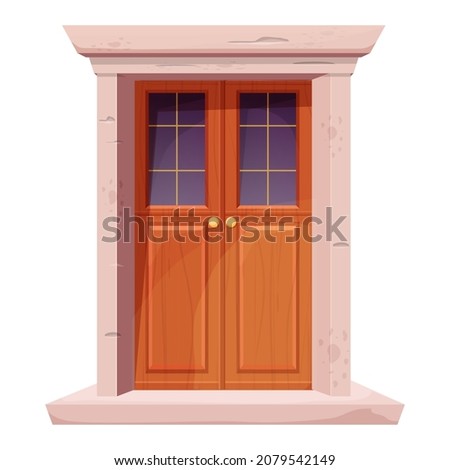 Wooden door with window, stone door frame in cartoon style isolated on white background. Closed modern entrance. Element for decoration.