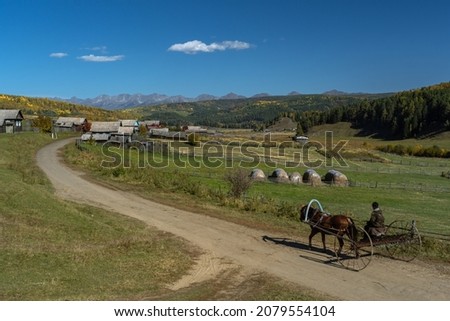 A villager rides a village street in a cart on a horse Royalty-Free Stock Photo #2079554104