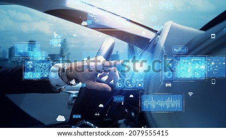Cockpit of autonomous car concept.  Driver assistant system. Royalty-Free Stock Photo #2079555415