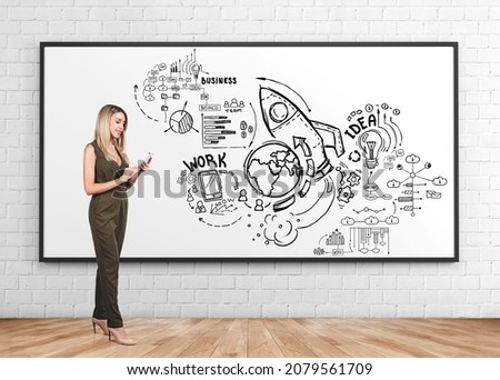 Office woman using device, whiteboard with startup doodle. Lightbulb, graphs, financial analysis and rocket launch. Concept of product and business plan
