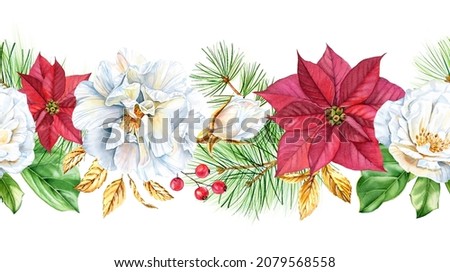 Christmas seamless garland with poinsettia flower, pine branches and golden rose. Watercolor hand painted illustration. Big horizontal border for winter holiday season, greeting cards, banners