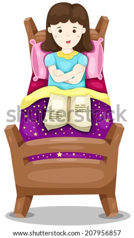 illustration of isolated cute girl lay down in bed with book