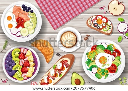 Different plates of food on the table  illustration
