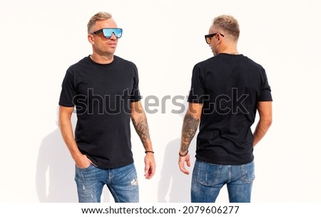 Man wearing black t-shirt, front and back view, mockup for t shirt design
