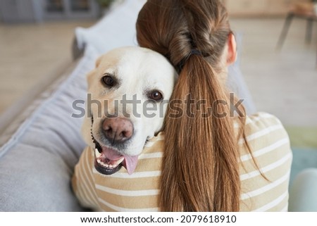 Back view close up of young woman cuddling with dog while lying on couch at home, copy space Royalty-Free Stock Photo #2079618910