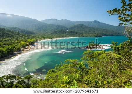 Beautiful view to green rainforest and blue water wild beach on sunny day, Ilhabela, São Paulo, Brazil Royalty-Free Stock Photo #2079641671