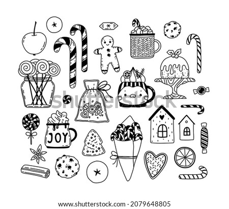 Vector cartoon set with winter holiday treats isolated on white. Doodle Christmas sweets - gingerbread cookies, hot drinks, cute cups, lollipops, candy cane, cake, pudding, spices.