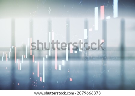 Multi exposure of virtual abstract financial diagram on abstract empty interior background, banking and accounting concept