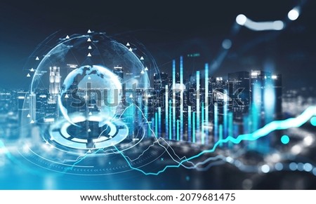 Night Singapore city skyscrapers. Forex financial rising graph and chart with bar diagrams that illustrate investment management on stock market. Concept of international internet trading Royalty-Free Stock Photo #2079681475