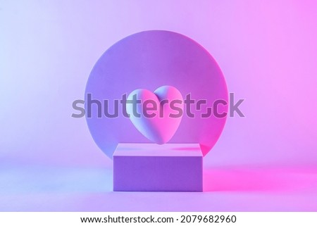 3d heart shape floating above an awarding podium with a plate behind against blank studio purple background for copy space as symbol for quality cardiology medical services or romantic feelings