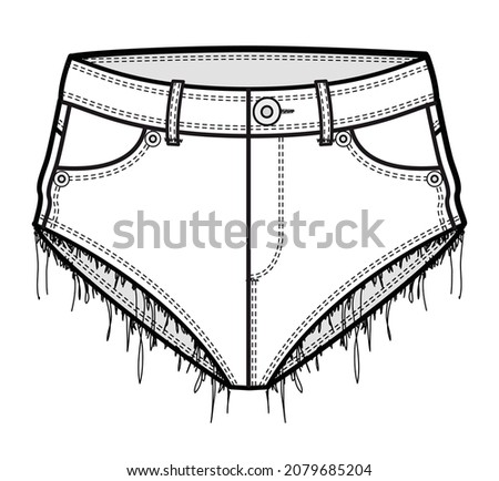 Women ripped raw hem denim short pant cutoffs jeans fashion flat sketch vector illustration Royalty-Free Stock Photo #2079685204