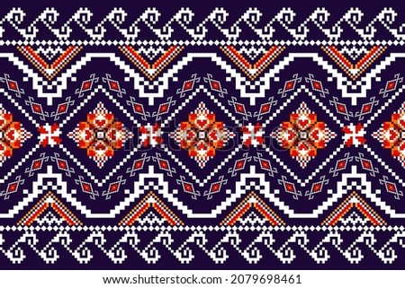 Beautiful Slavic ornament geometric ethnic oriental pattern Traditional on blue background.Aztec style embroidery abstract vector illustration.design for texture,fabric,clothing,wrapping,carpet,print.
