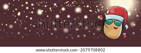 vector funky cartoon smiling santa claus potato with red santa hat and calligraphic christmas text on horizontal night background with blur and lights. vegetable funky christmas food character