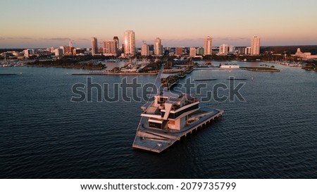 Aerial view of the new St. Petersburg Pier during sunrise. Royalty-Free Stock Photo #2079735799