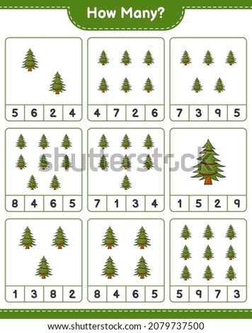 Counting game, how many Christmas Tree. Educational children game, printable worksheet, vector illustration