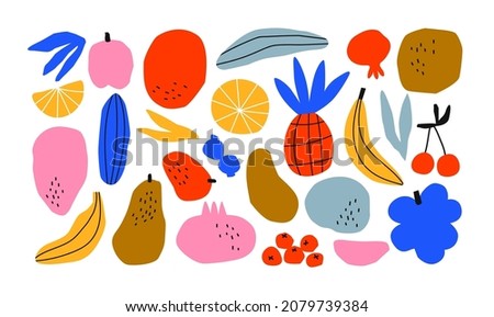 Funny hand drawn fruit food set. Colorful freehand fruits collection. Illustration of pineapple, banana, grape and more tropical summer foods on isolated background.