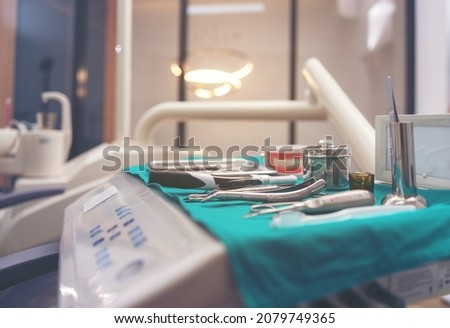 Close-up of dentist tools and equipment at a dental clinic, a tooth medical office, and medical tools