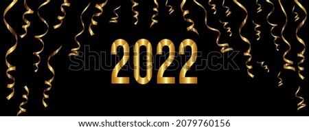 Holiday background Happy New Year 2022 modern text vector luxury design. Isolated golden garland border, frame. Hanging baubles, streamers, falling serpentine. 