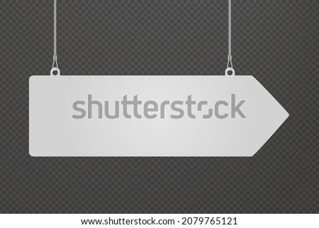 Arrow dangler hanging from ceiling realistic mockup. Mock up of advertising promotion pointer for supermarket sale announcement on transparent background. Mall store label vector illustration Royalty-Free Stock Photo #2079765121