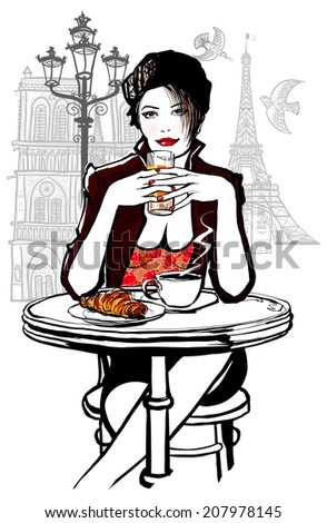 Paris - woman on holiday having breakfast at a terrace of a hotel - vector illustration