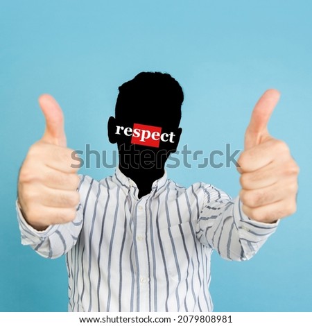 Thumbs up gesture. Artwork. Conceptual portrait of faceless man with word respect instead face isolated on blue background. Human psychology, anonymity, character traits, mental health concept. Royalty-Free Stock Photo #2079808981