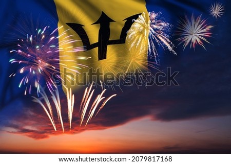 Majestic fireworks in evening sky and flag of Barbados for Independence day or National Holiday