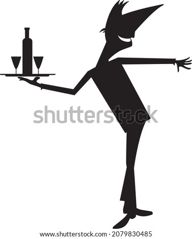 Comic man carries a tray with a bottle and two glasses illustration. 
Smiling man carries a tray with alcohol drink and glasses black silhouette on white
